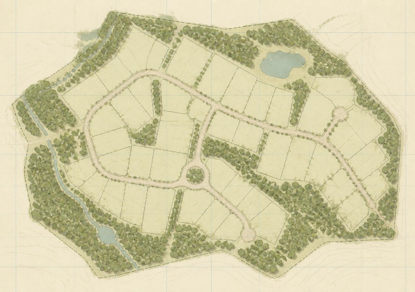 Plano base del fraccionamiento con calles internas y arbolado